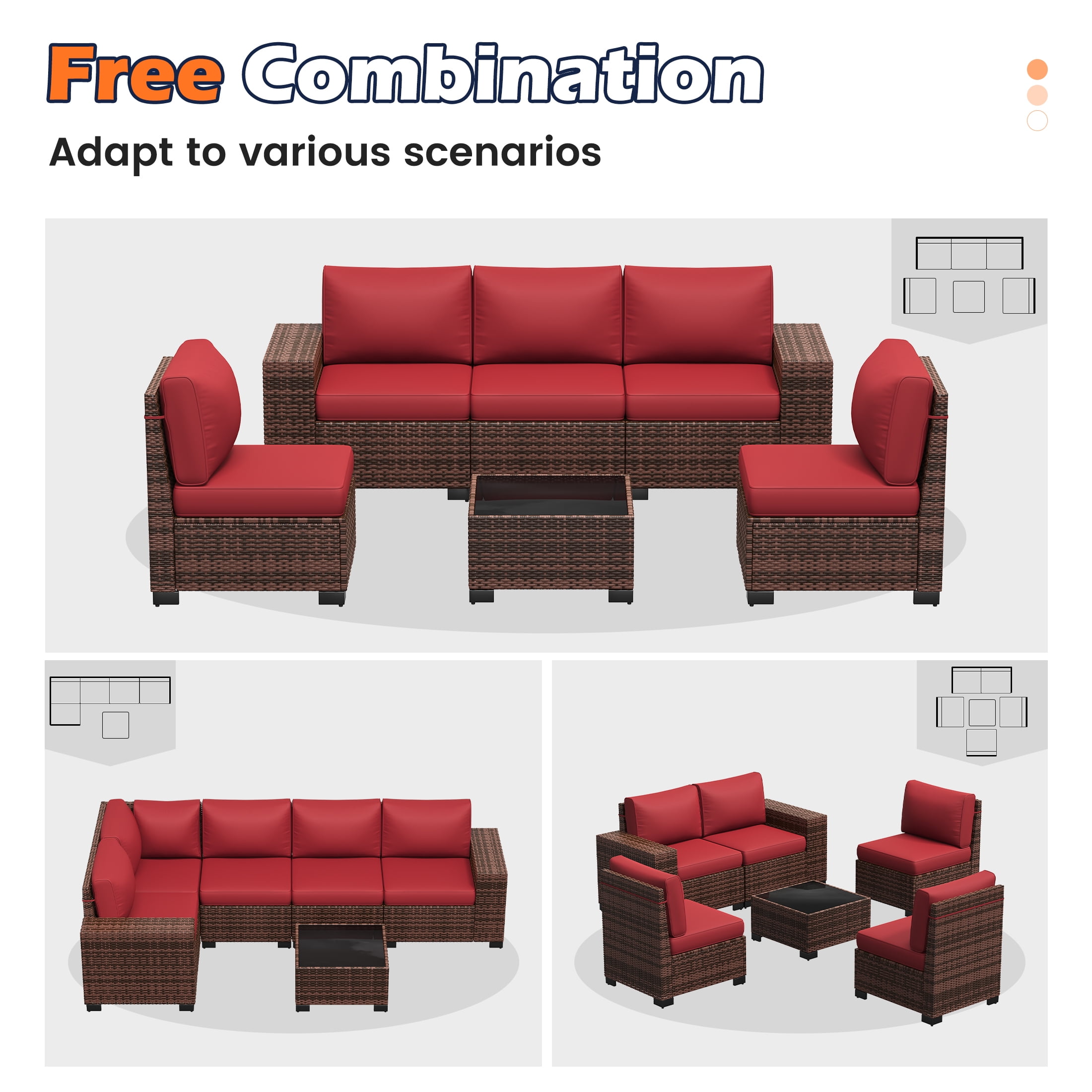 TECHMILLY 6-Piece Patio Furniture Set, Outdoor Patio Sofa Set With Wide Armrest, All-Weather Wicker Rattan Guest Set With Cushion And Glass Table And Waterproof Cover,Brown & Wine Red