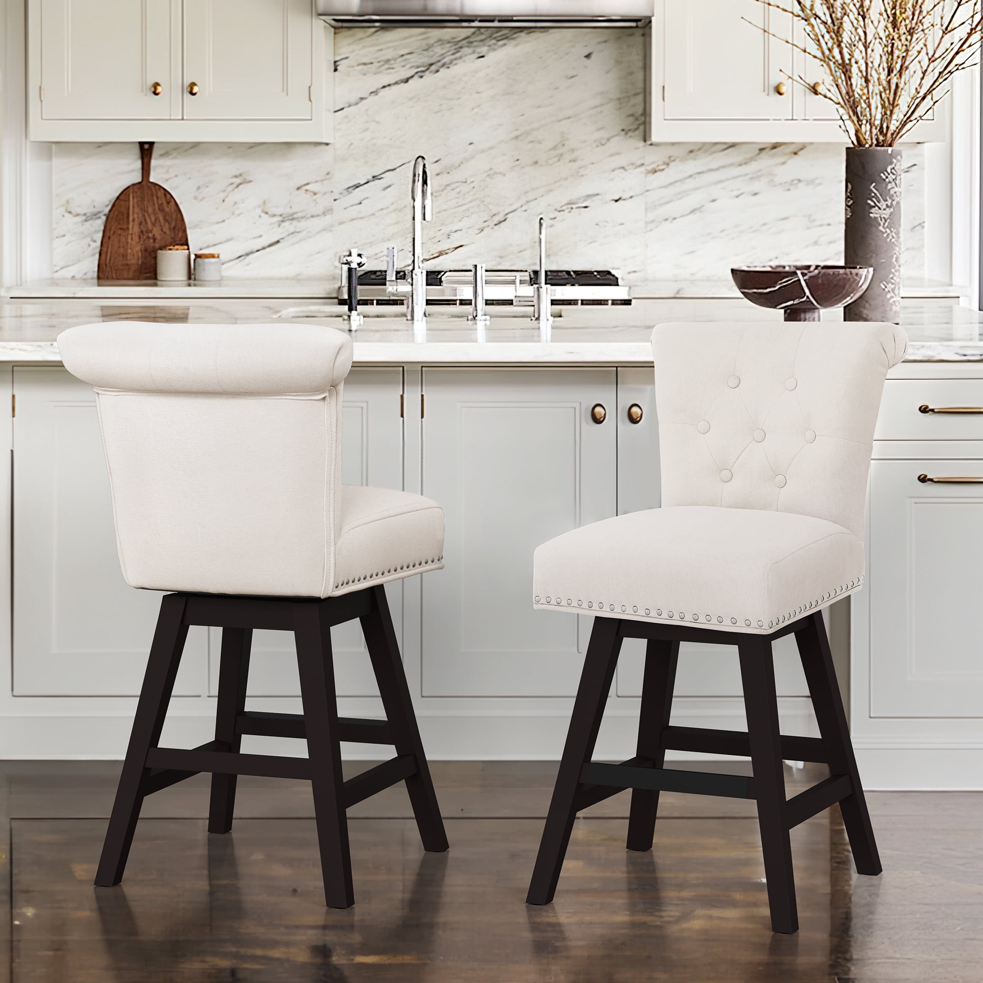 Dycanpo 26'' Swivel Bar Stools Set of 4, Upholstered Barstool with Footrest for Kitchen,Beige-Fabric