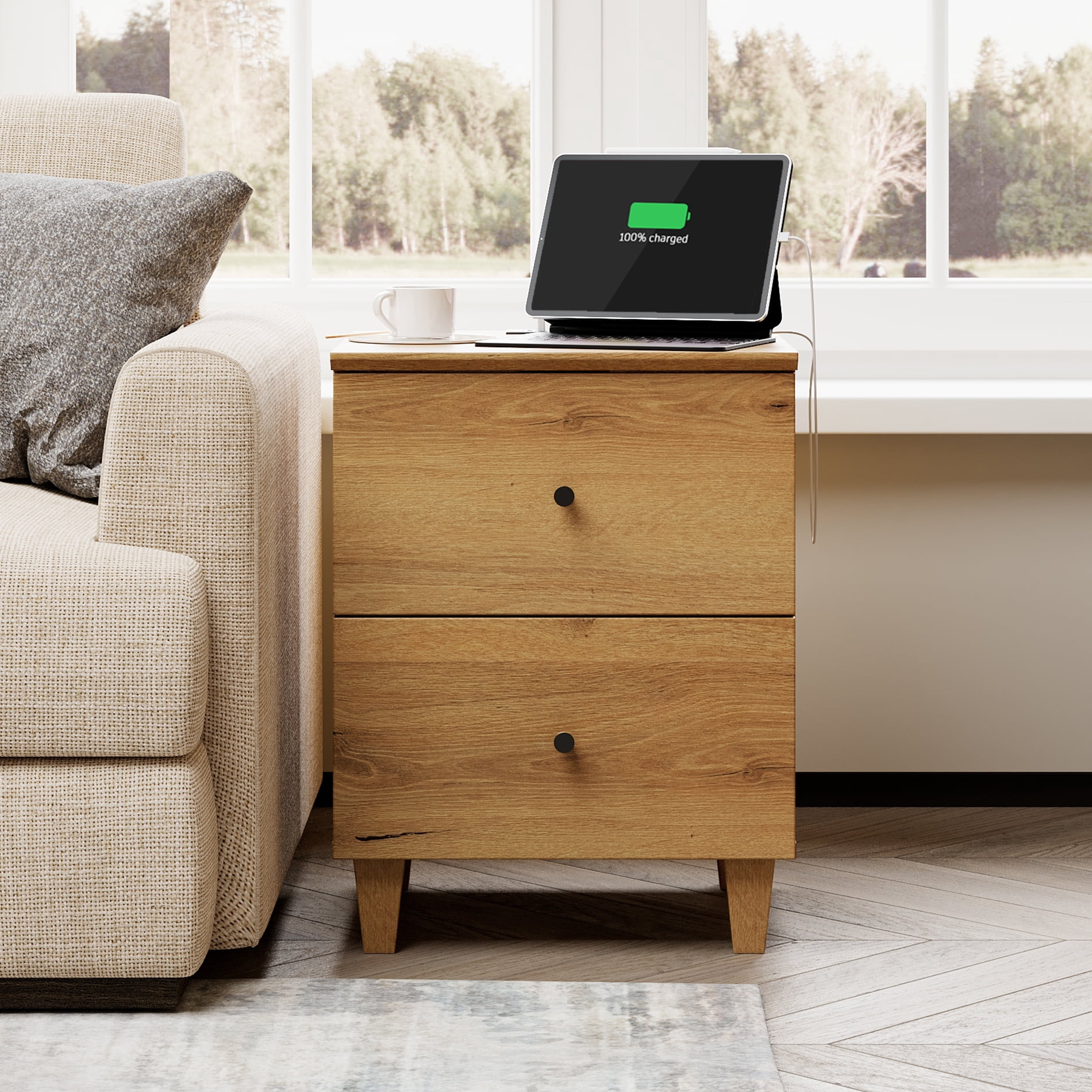 Modern End Table with Charging Station, Wooden Side Table with 2 Storage Drawers, Small Nightstand for Living Room, Dark Brown Wood
