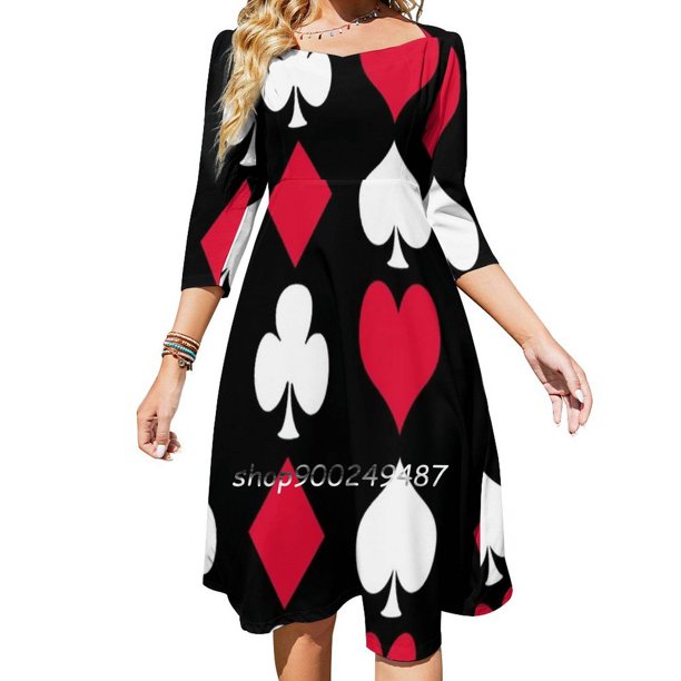 Trajes de naipes Vestido de cuello cuadrado invertido Lindos vestidos sueltos con estampados Elegantes trajes de fiesta en la playa Traje de póquer solitario
