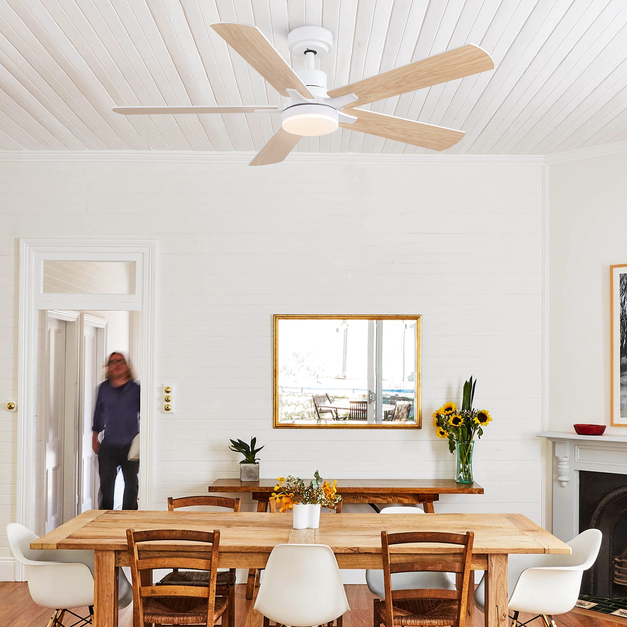 Wellspeed 52 in. Modern Ceiling Fan with Dimmable Light, for Indoor, Remote Control, 6 Speeds Reversible DC Motor, White