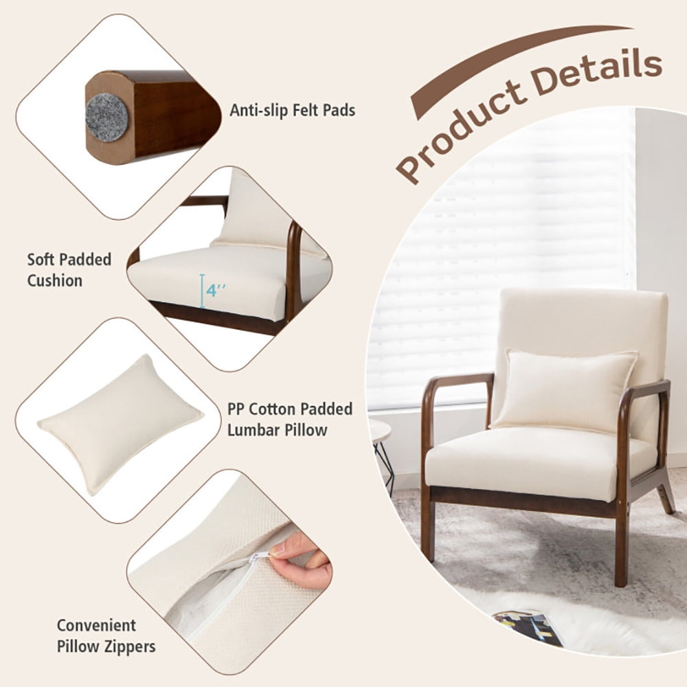 Finihen Accent Armchair, Modern Accent Chair with Rubber Wood Frame and Lumbar Pillow, for Living Room, Bedroom, Beige Finihen Accent Armchair, Modern Accent Chair with Rubber Wood Frame and Lumbar Pillow, for Living Room, Bedroom, Beige