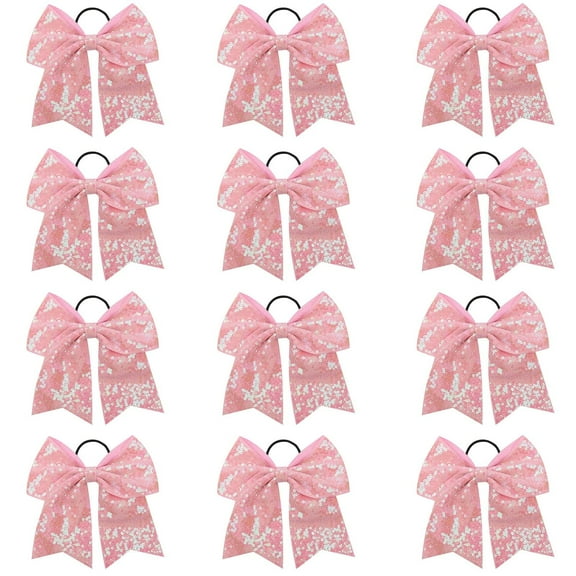 12Pcs Unique 7" Sparkling Ribbon Bow Hair Ties, Cheer Ponytail Holder Elastic Band, Fashion Headwear Handmade Jewelry Accessories, Suitable for Cheerleaders College Sports, Birthday Gifts, Party