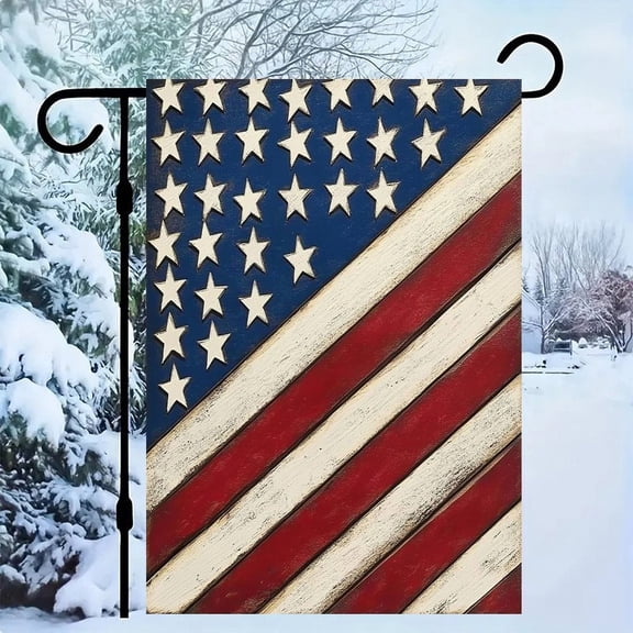 RKSupls Patriotic Linen Double Sided Garden Flag, Independence Day Themed Yard Decor, Diagonal Wooden American Flag Outdoor Banner for Holiday Lawn