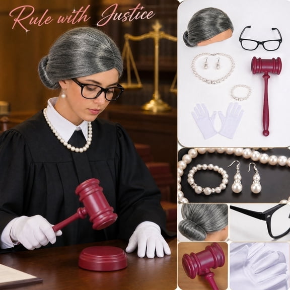 Judge Halloween Costume Accessory Kit,Classic Barrister Wig Gavel Shawl Tie Watch Set for Adult Women Men for Cosplay Costume Party & Festival