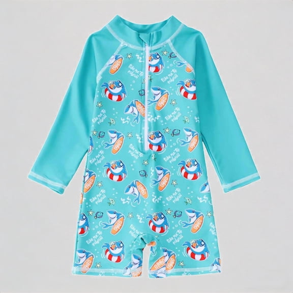 REDARER Boys UPF 50 One Piece Rash Guard, Long Sleeve Cartoon Print Swimsuit for Beach Pool Summer Sun Protection,12-18 Months