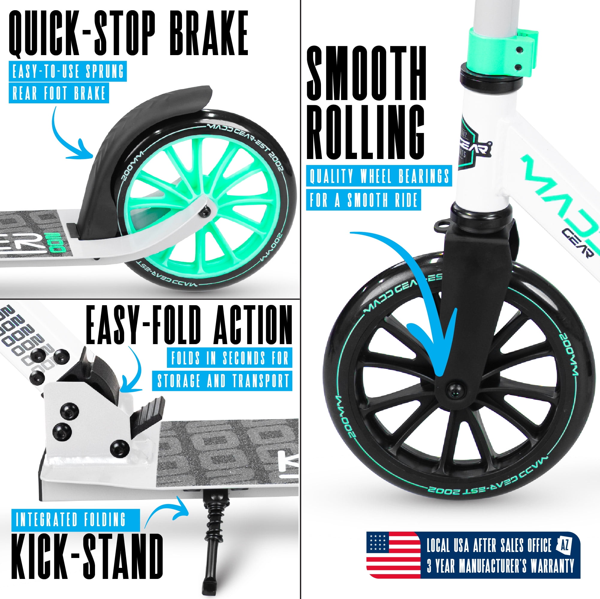 Large Folding Kick Scooter for Adults and Teens – Adjustable Handlebar – Big 200mm Wheels – Lightweight Durable Frame – Madd Gear Kruzer 200