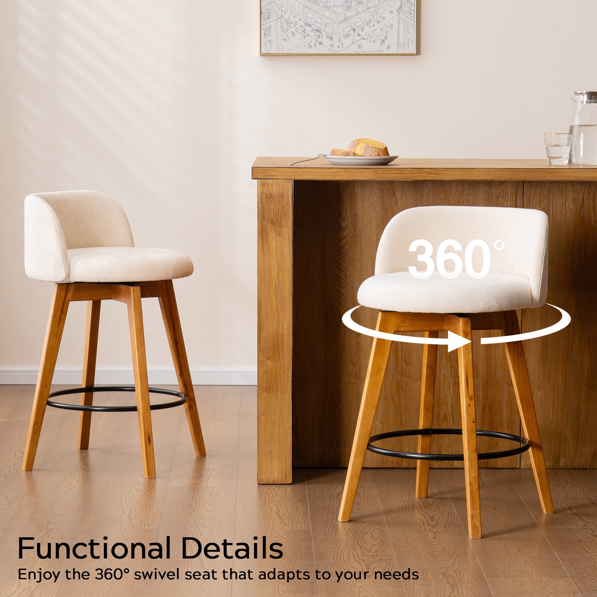 EYYTHUNG Adult Low Back Swivel Bar Stools Swivel Barstools Chenille Fabric Upholstered Set of 2, Beige