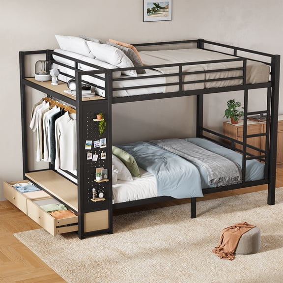 Mintazer Queen Over Queen Metal Bunk Bed with Pegboard and 2 Storage Drawers & 2 Wardrobe Shelves, Heavy Duty Platform Bed with Safety Guard Rails for Bedroom Dorm, Black