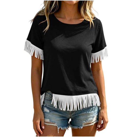 Hurxie Fringe Tops for Women Short Sleeve Top T Shirt Western Cowgirl Cropped Tee Black,XL