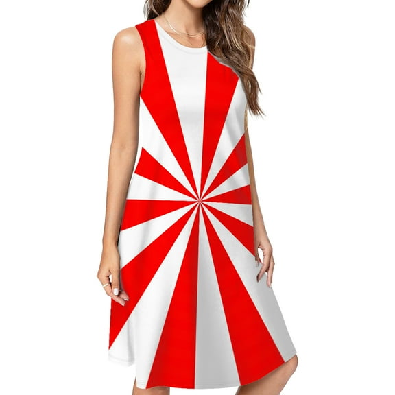 Aesthetic Red And White Sunburst Casual Sleeveless Loose Sundress Dress For Women Summer Dress Daily Woman