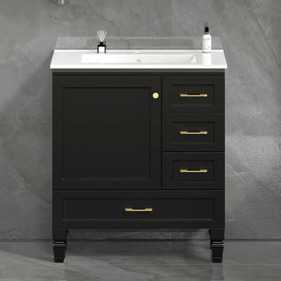 Bathroom Vanity 30"Black Bathroom Vanity. Abundant Storage Cabinet -1 Soft close doors and 3 drawers,Bathroom Vanity Set