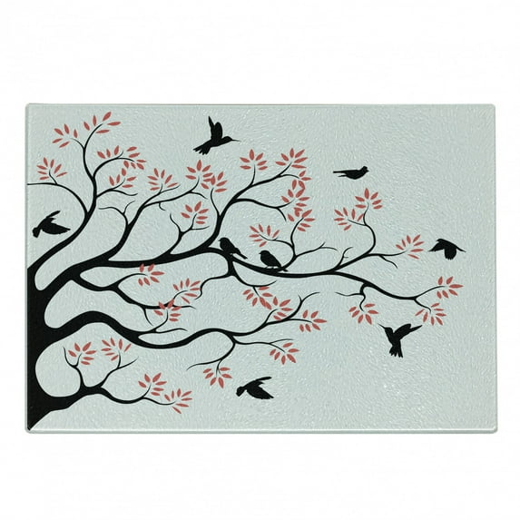 Birds Cutting Board, Silhouette of Mockingbirds Flying over the Plane Tree with Pinky Leaves, Decorative Tempered Glass Cutting and Serving Board, in 3 Sizes, by Ambesonne