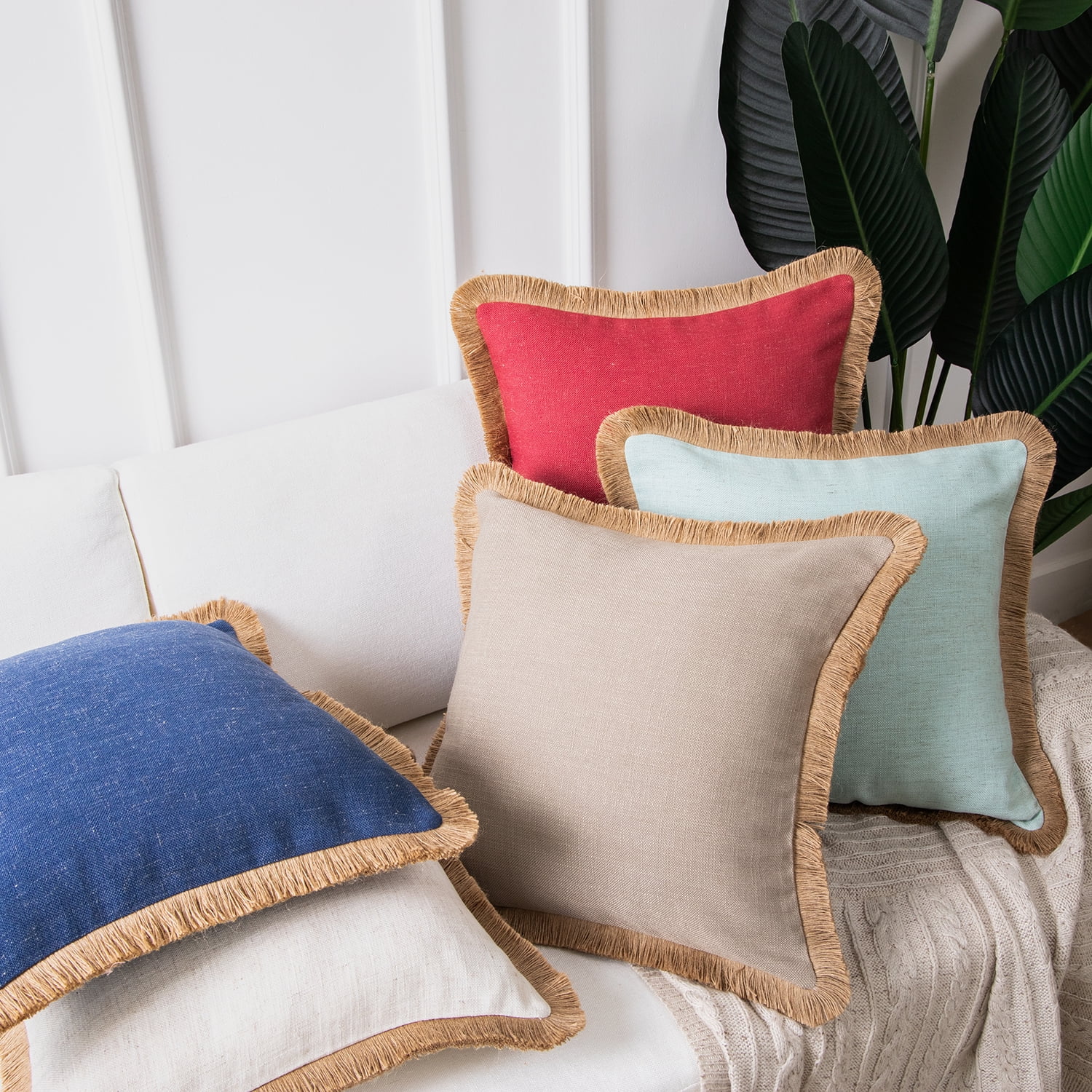 Phantoscope Linen Tassel Trimmed Farmhouse Series Decorative Throw Pillow, 18" x 18", Light Blue, 2 Pack