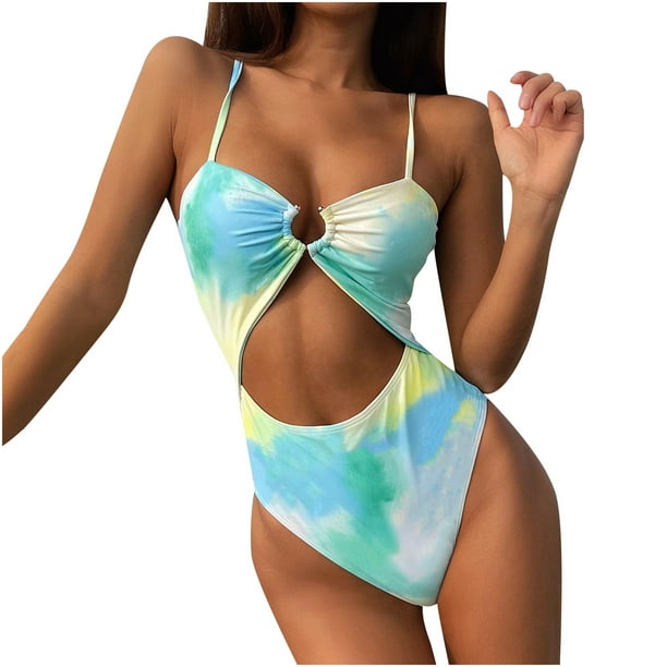 Women's Tie Dye Swimsuit Cutout Ring Detail Ruched One Piece