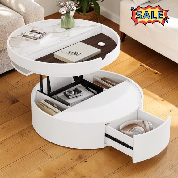 Tcbosik Round Lift Top Coffee Table with Storage, 29.5" Center Table with Drawer for Living Room, Space Saving, White & Walnut