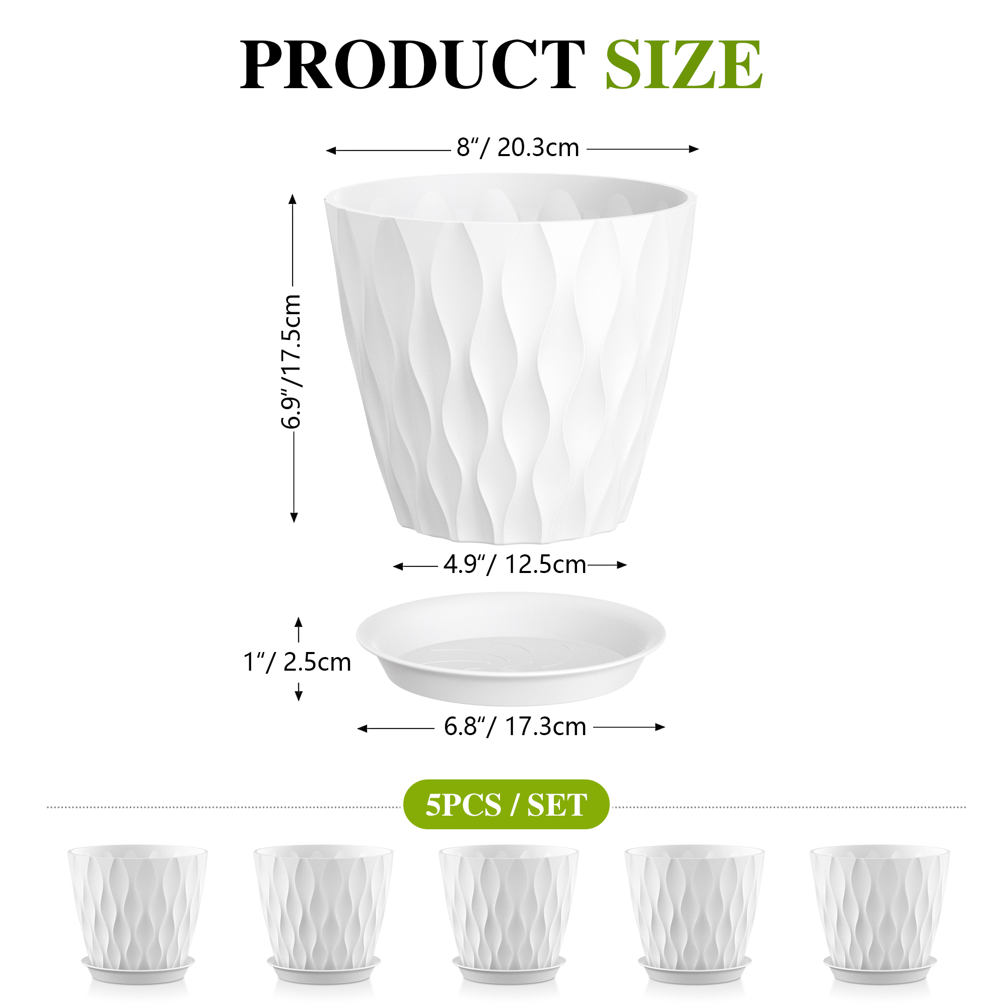UOUZ 8-Inch White Plant Pots with Saucers, 5-Pack photo 2