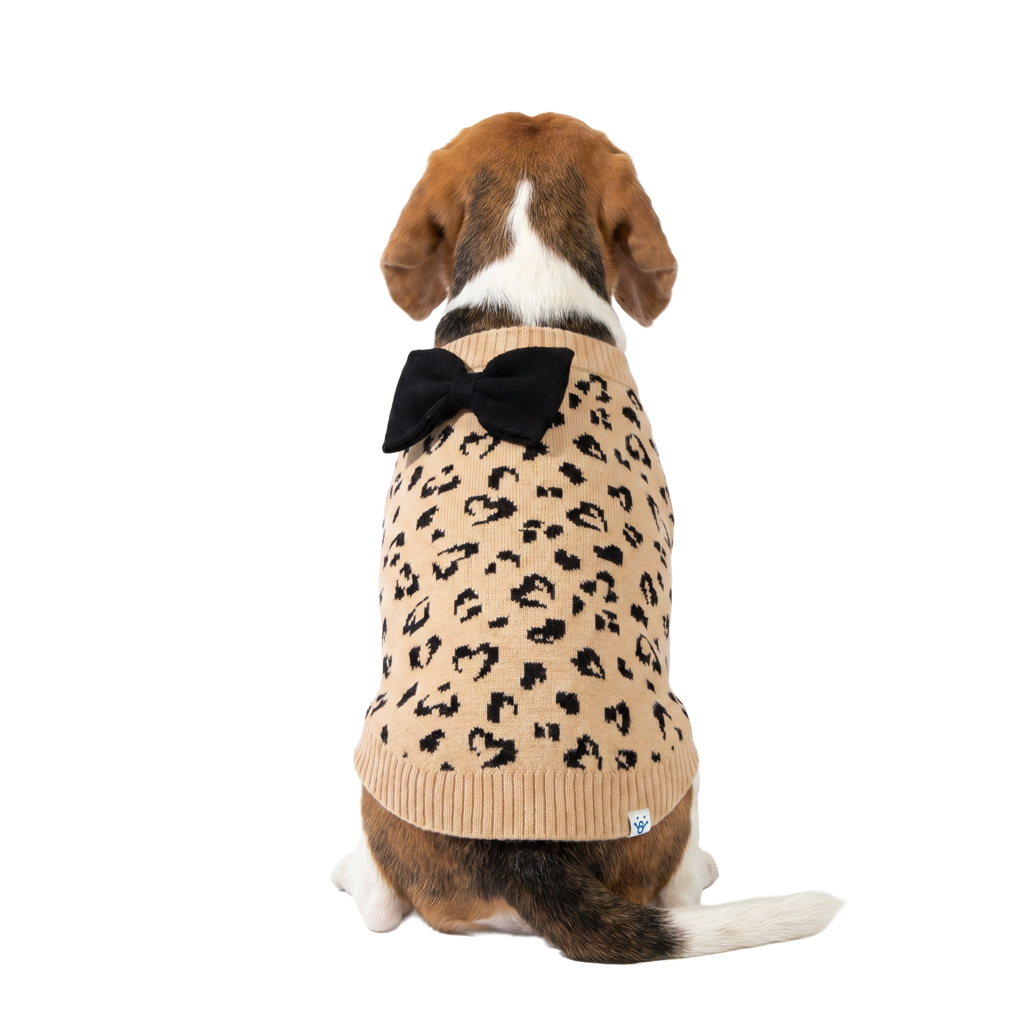 Oodles Leopard Print Bow Fall Dog Sweater, Tan, Medium