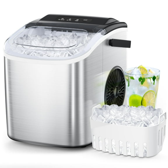 CRZOE Ice Maker Countertop, Stainless Steel Portable Ice Maker Machine with Self-Cleaning, 26.5lbs/24Hrs, 6 Mins/9 Pcs Bullet Ice, Perfectly for Home Use, Gift