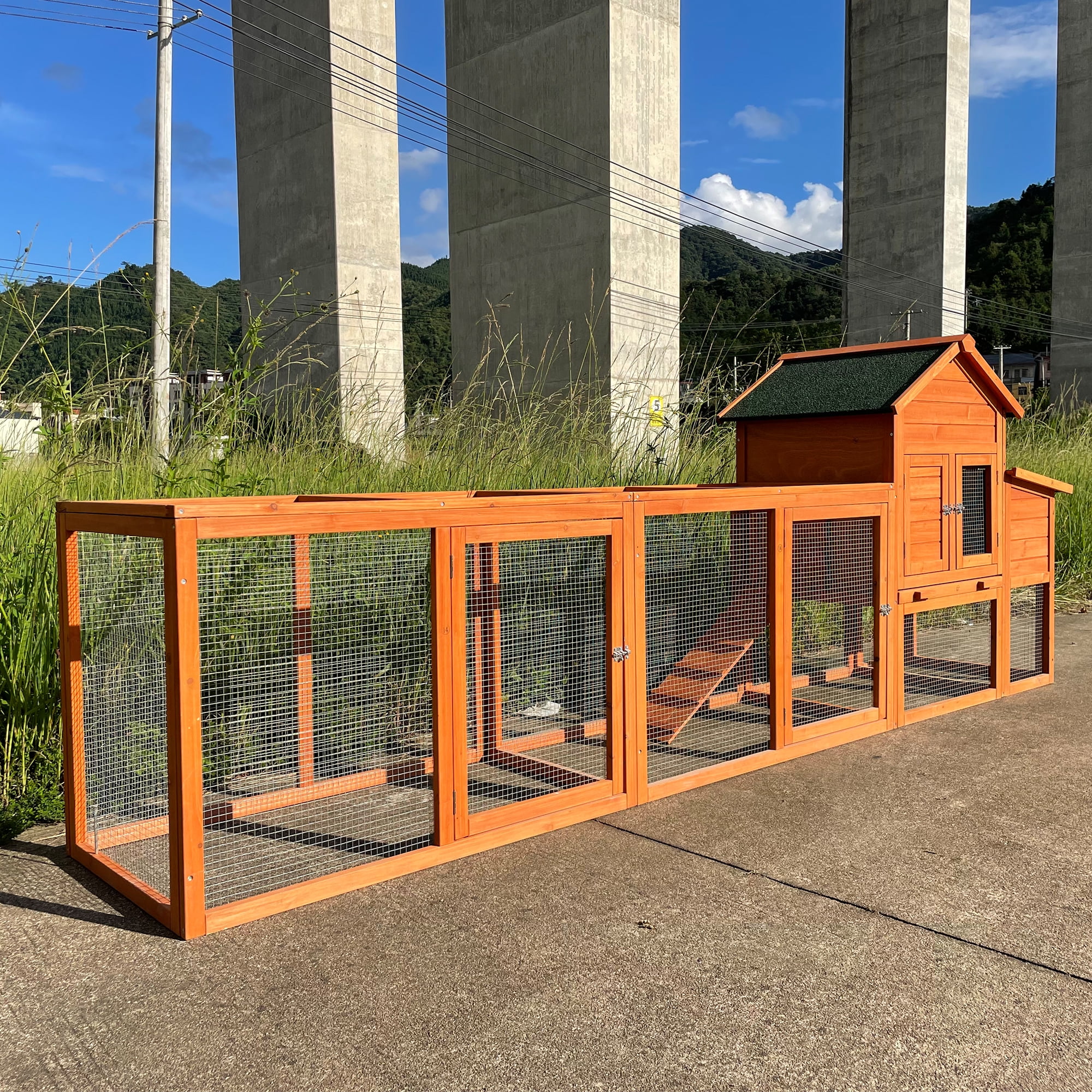 Pefilos 122" Large Rabbit Hutch Outdoor Wood Chicken Coop, Hen House with Nest Box, Wire Fence Poultry Cage, Orange Pefilos 122" Large Rabbit Hutch Outdoor Wood Chicken Coop, Hen House with Nest Box, Wire Fence Poultry Cage, Orange
