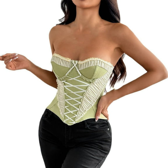 Women's Renaissance Overbust Corset Top Lace Up Floral Print Shapewear Green L