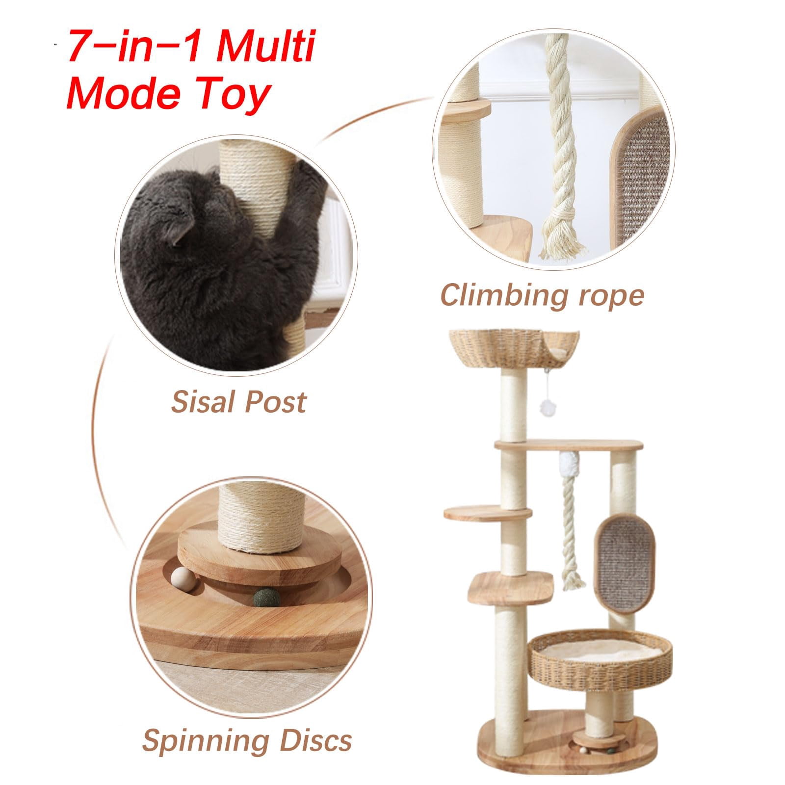 Wooden Cat Tree For Large  49.6in Tall Tower With Indoor Cats Multi-level Condo Hand-woven Bed And Board Easy To Clean