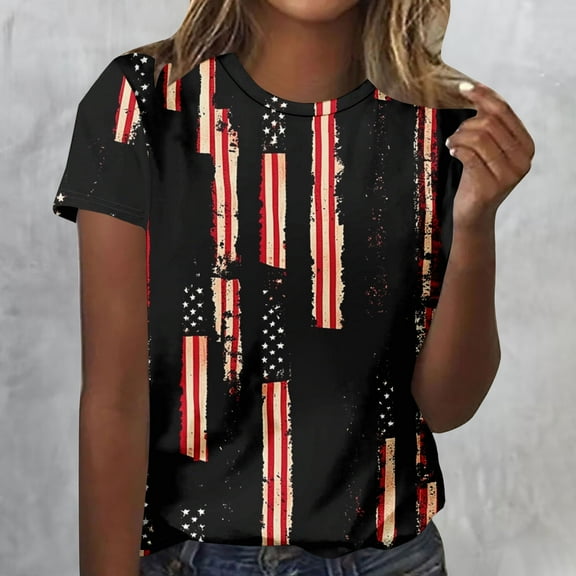Cavosen American Flag Tops for Women Petite Patriotic Short Sleeve Crewneck Shirts USA Star Striped Print Shirts Lady XL Independence Day Casual Tops 4th of July Tunic Tees 2025 Patriotic Blouses