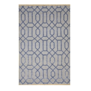 EORC Blue Hand Knotted Wool & Viscose Transitional Links Rug, 6' x 9'