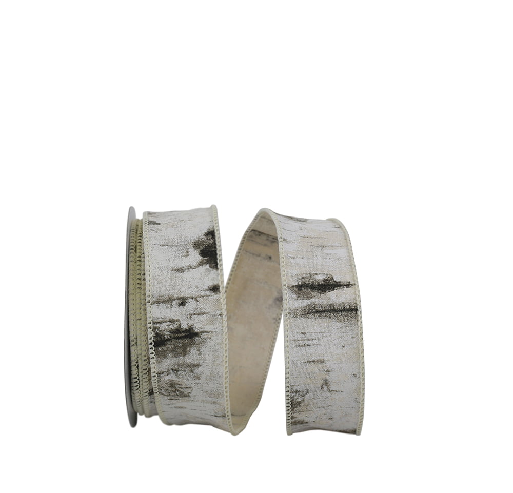 The Ribbon Roll - T93218W-030-09F, Birch Tree Bark Forest Wired Edge Ribbon, White, 1-1/2 Inch, 10 Yards
