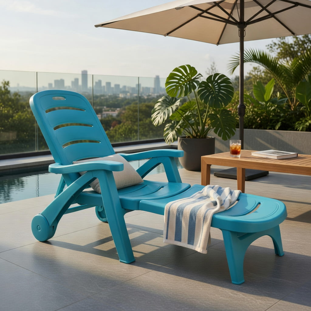 Hommoo 5-Position Adjustable Folding Chaise Lounge Chair, Outdoor Lounger with Wheels, Heavy-Duty PP Frame, Turquoise