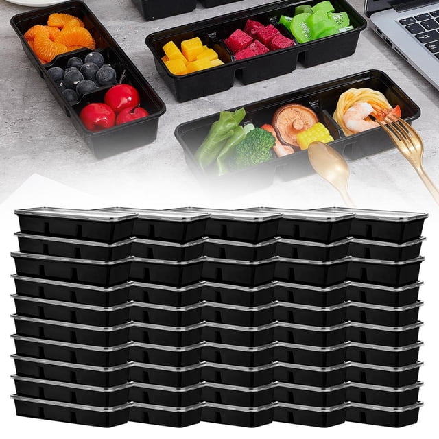 25 Pack 17 Oz Small Meal Prep Containers, With 3 Compartments Snack Containers With Lid, Plastic Box Travel Lunch StackableforPicnic, Reusable Black Plastic Food Containers
