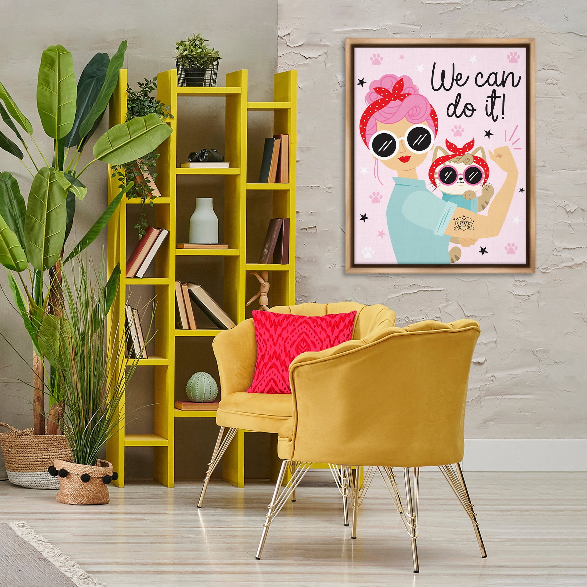 Stupell Industries We Can Girl & Cat People Painting Brown Floater Framed Canvas Art Print Wall Art, 25 x 31