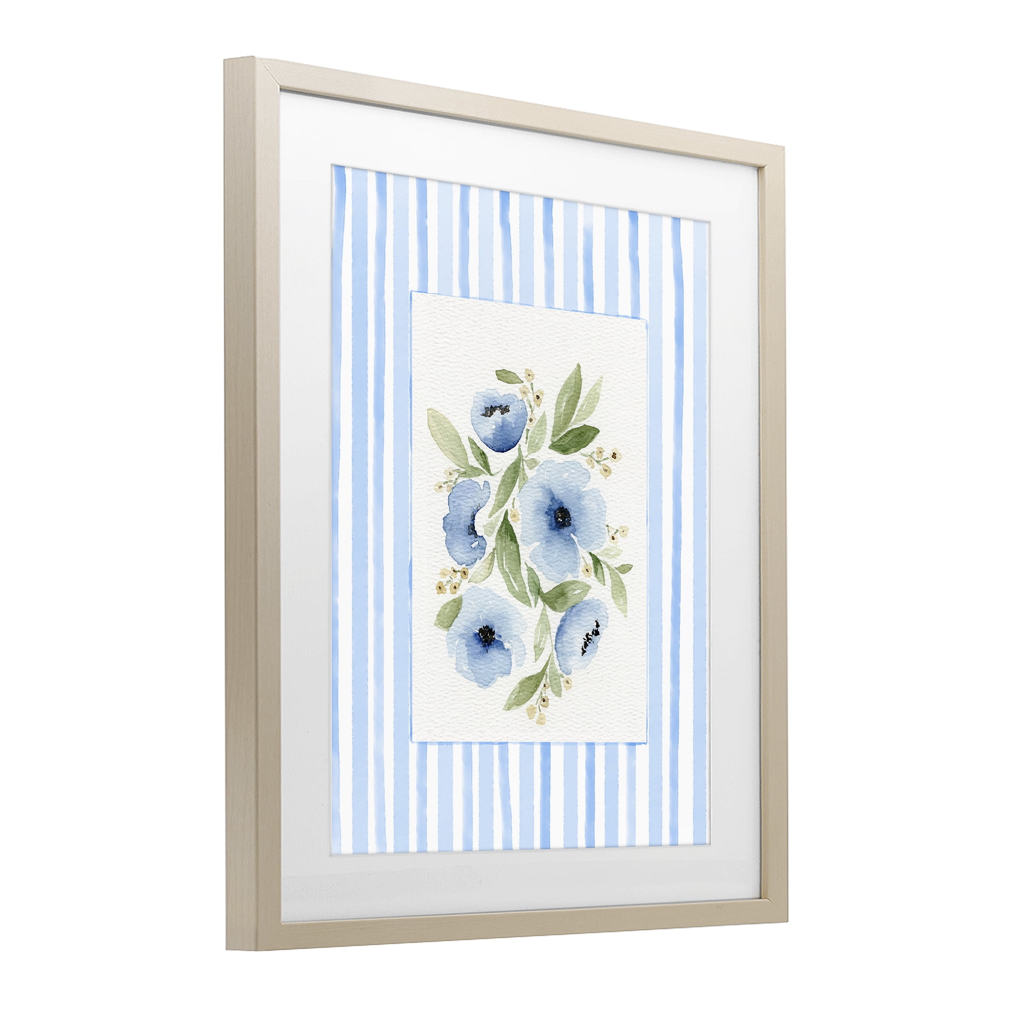 Stupell Industries Flowers With Stripe Border Birch Framed Print Under Glass, design by Leah Noel Art