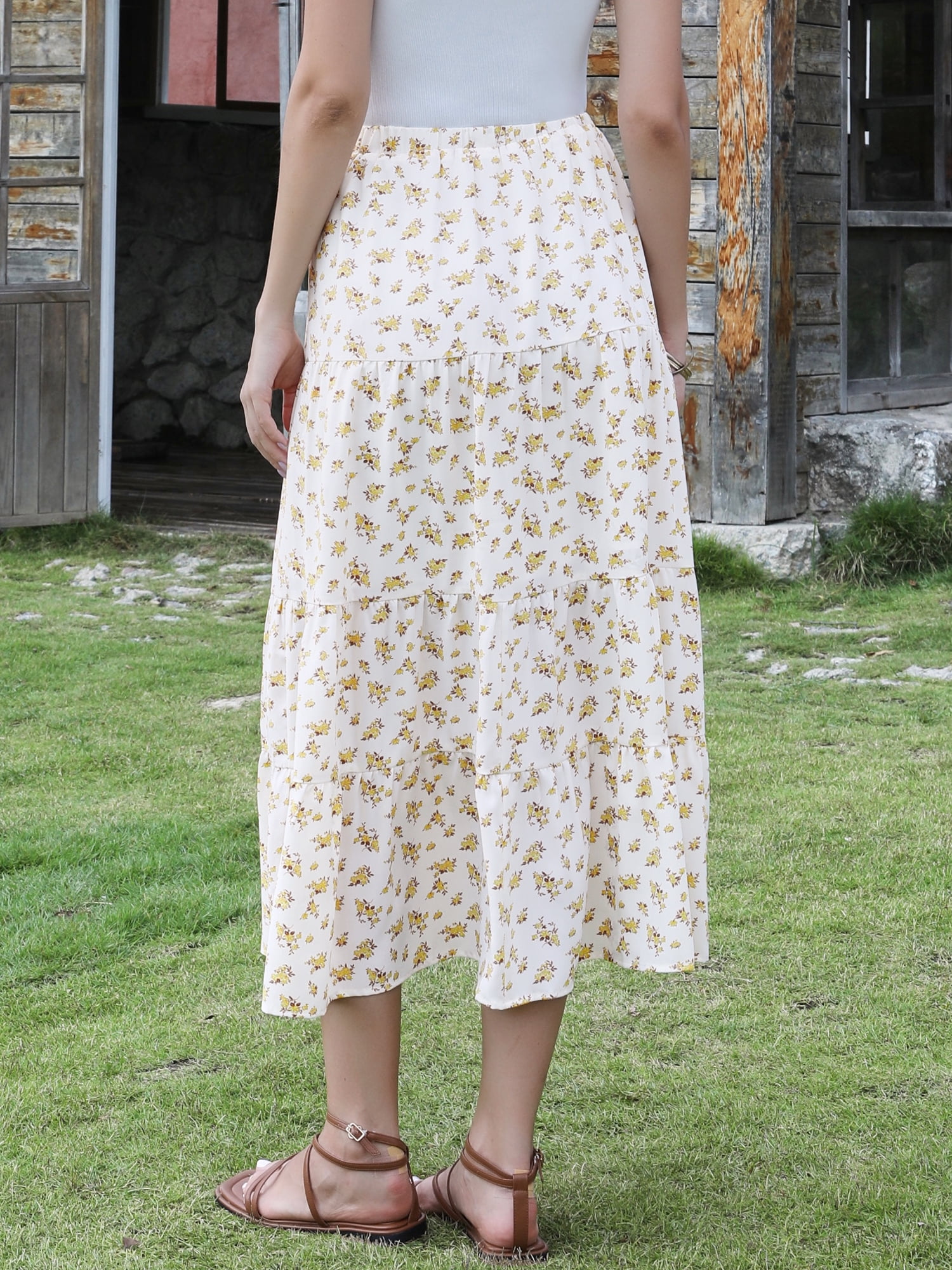 DARING DIVA Women's Floral Maxi Skirt Elastic High Waist A Line Skirts Medium Beige