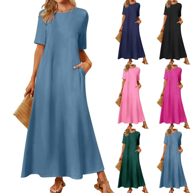 Gspmoly Robe d'Été, Robe Décontractée Unie à Col Rond avec Poches et Manches Courtes pour Femmes, Robes de Soirée pour Femmes, Offres Spéciales