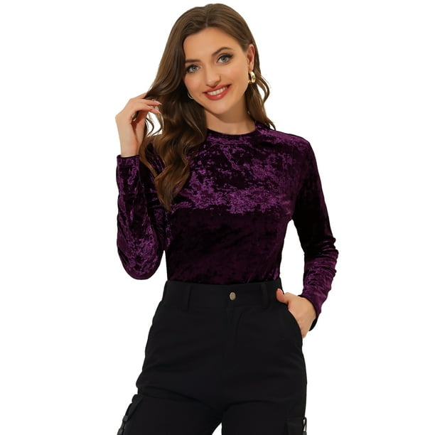 INSPIRE CHIC Camiseta casual de manga larga con cuello redondo y parte superior de terciopelo para mujer Púrpura XL