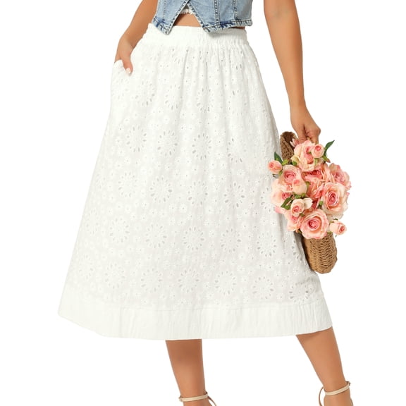 DARING DIVA Women's Eyelet Boho Skirt Elastic A-Line Midi Skirts Small White
