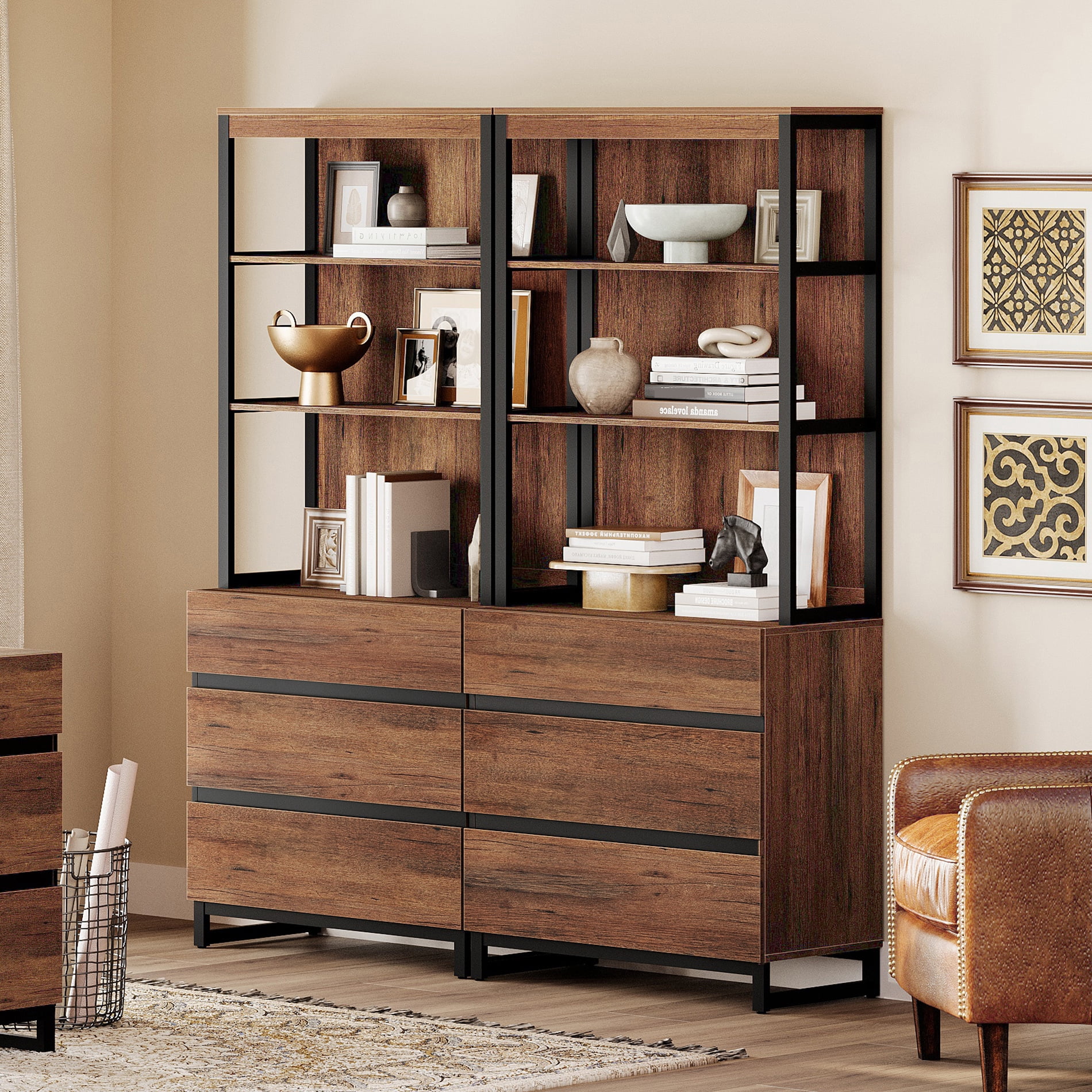 WAMPAT 2-Piece Modern 72" Tall Freestanding Bookcase，6 Drawers, Open Shelves & Storage Cabinet with Metal Base，Wood Library Bookshelf for Home Office & Living Room