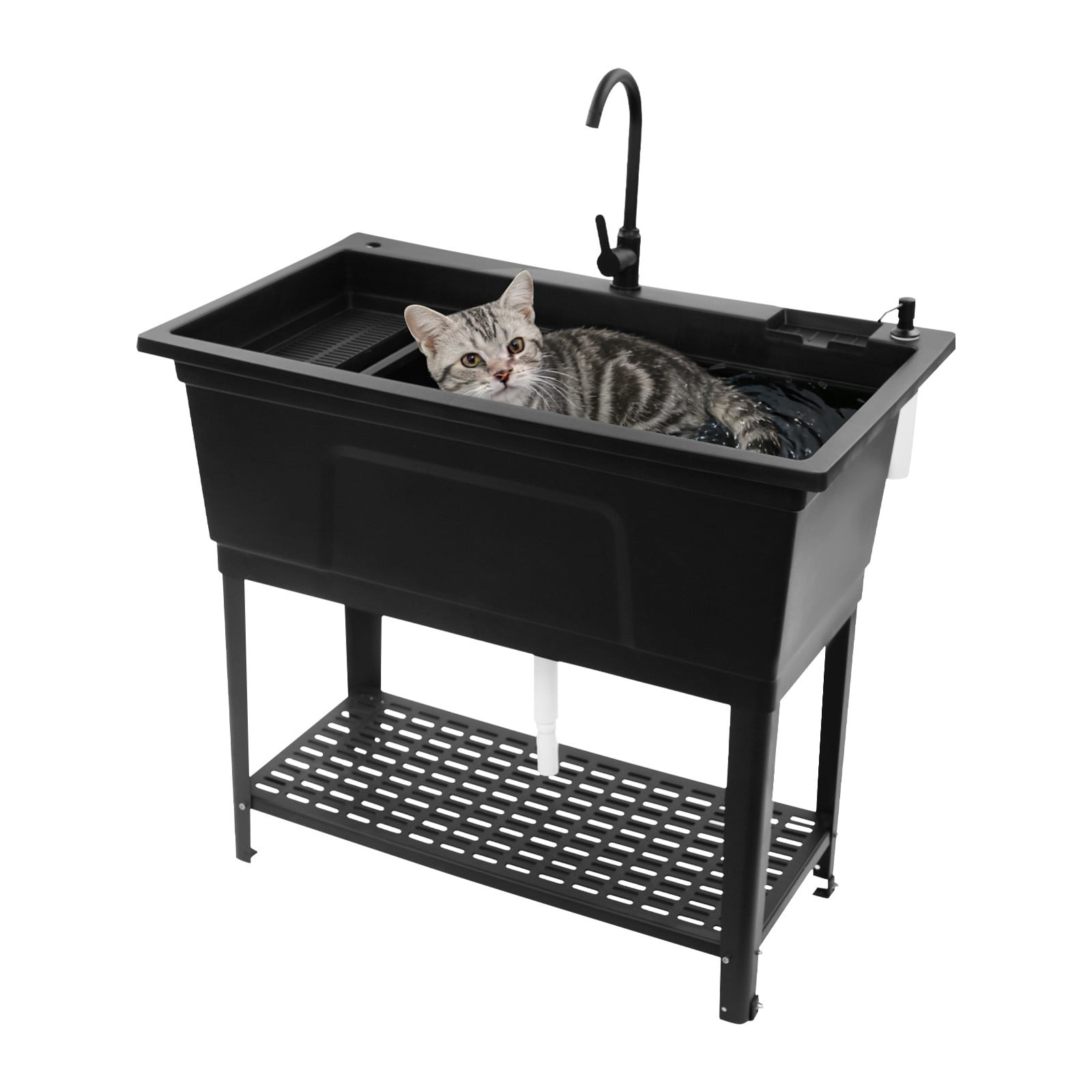 Freestanding Utility Sink for Homes Business, Heavy Duty Plastic Laundry Tub and Kitchen Sink with Faucet Soap Dispenser Black