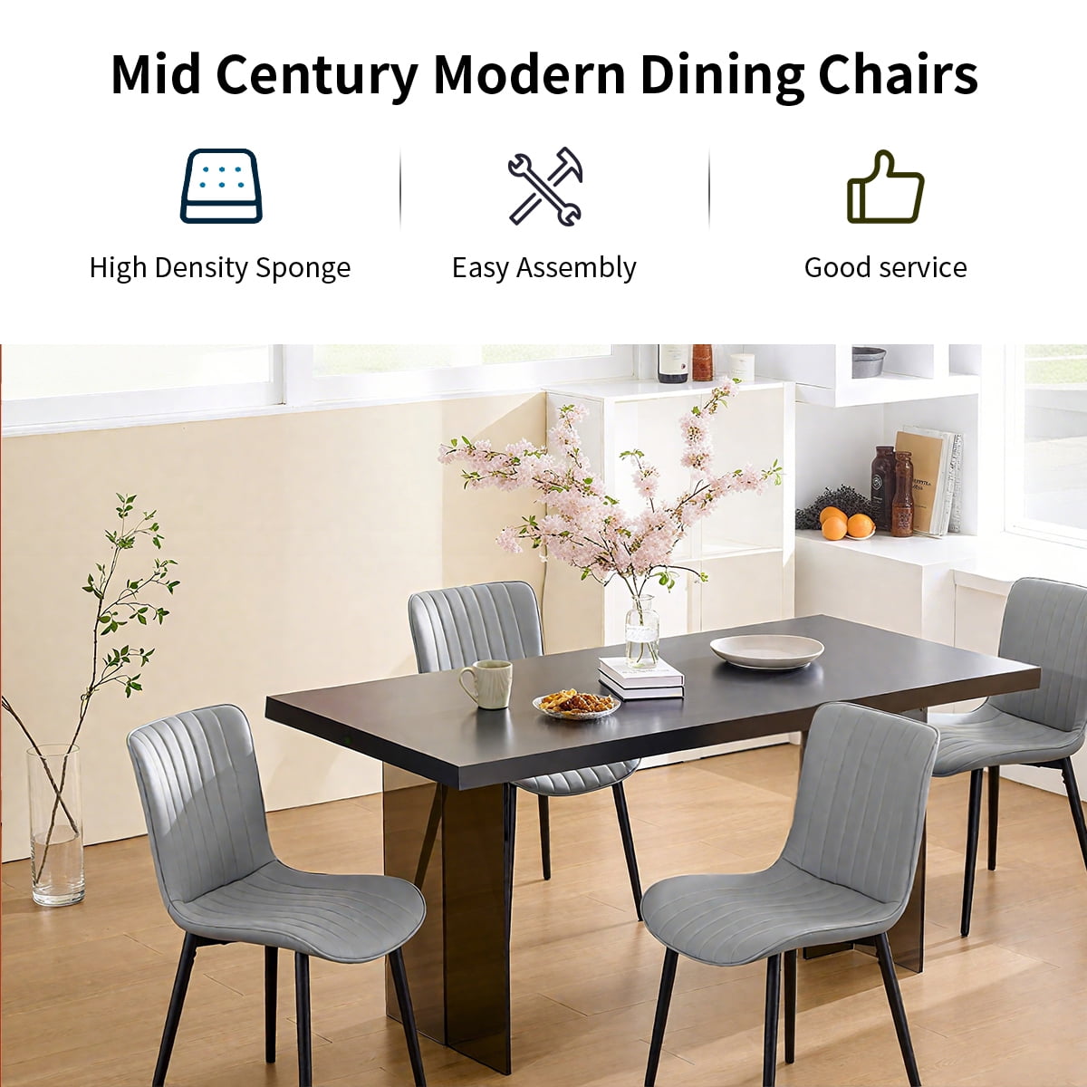 L'AGRATY Modern Dining Chairs Set of 4, High Back PU Leather Upholstered Kitchen Chairs with Cushion - Heavy Duty Metal Legs for Dining Room, Restaurant, Cafe (Grey)