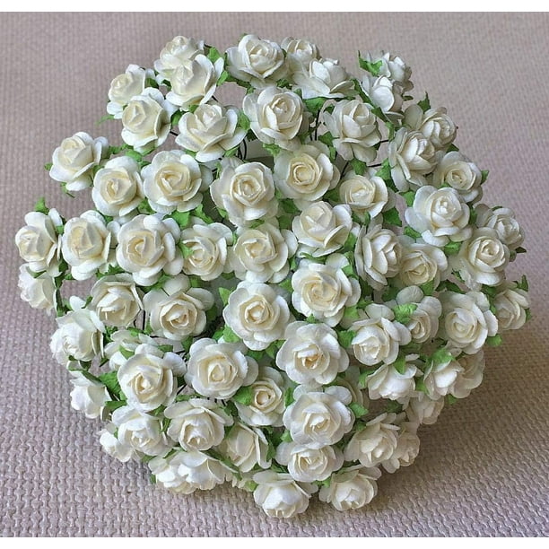 Decorado 100 piezas Mini Rosas Color Blanco Mini Flores de Papel de 15 mm Flores de Papel de Mora Adornos para Scrapbooking Suministros para Tarjetas de Boda Mini Rosas de Papel Blanco