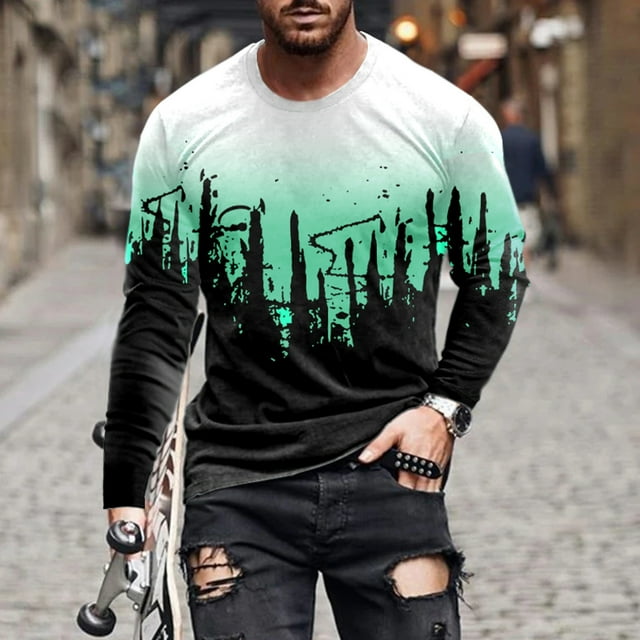 Mikilon Men Casual Round Neck Pullover Printing Long Sleeve T Shirt Blouse