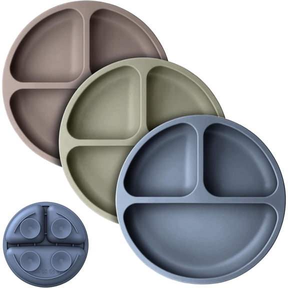 3 Pack Suction Plates for Baby Food Grade Silicone Baby Plates with Suction Microwave & Dishwasher Safe Toddler Plates Divided Design & Raised Edges Toddler Dishes for Feeding