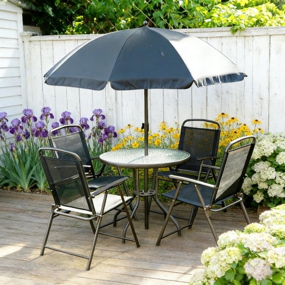 5-Piece Outdoor Patio Dining Set with Umbrella 4 Foldable Mesh Chairs Round Glass Table Black