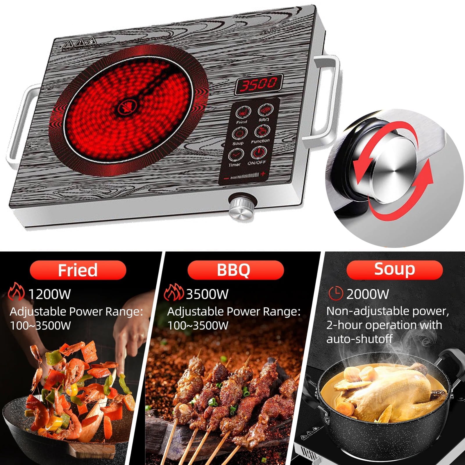 3500W Portable Infrared Cooktop, Single Burner Electric Stove, Ceramic Glass Electric Hot Plate with Adjustable Heating Power, 3 Hours Timer