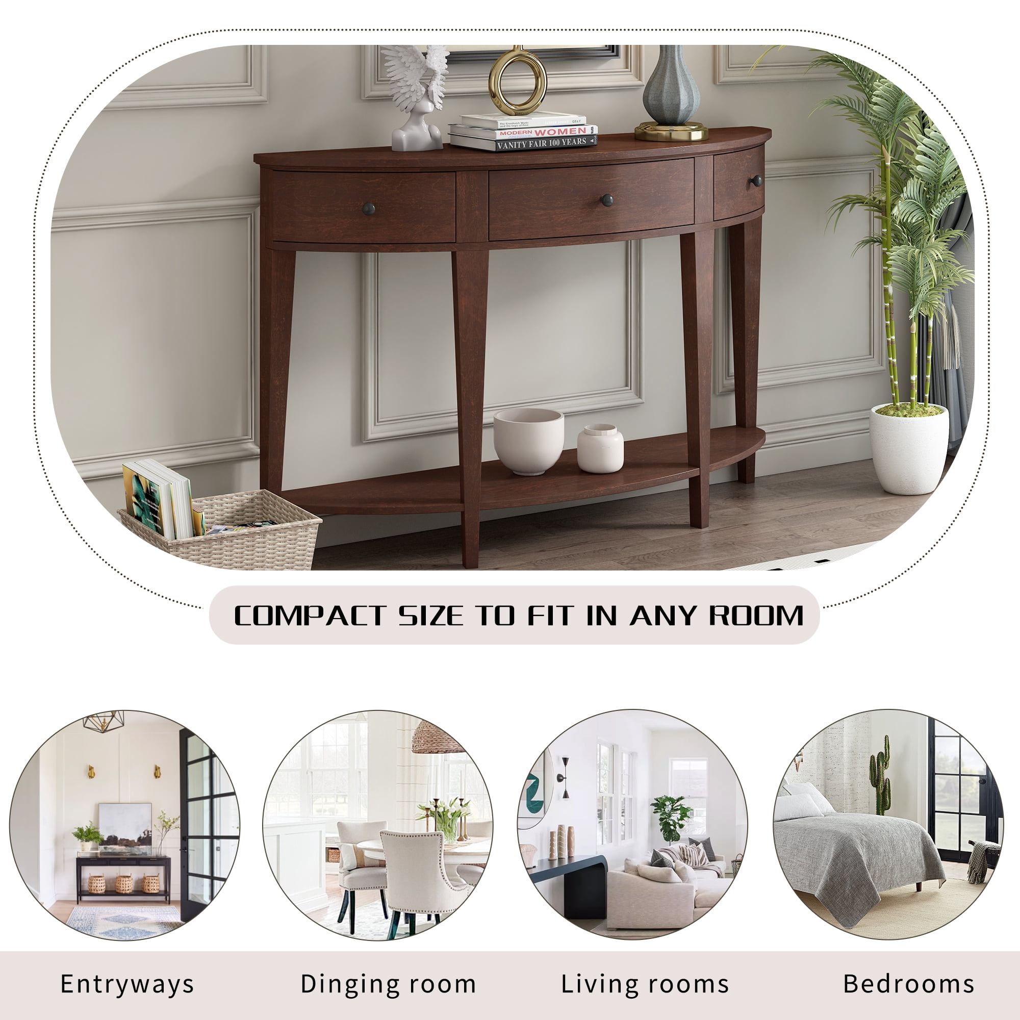 Lunale 55.1" Modern 3-drawer Curved Console Table with Storage Shelf, Sideboard Buffet Cabinet Sofa Table for Bedroom, Living Room, Brown