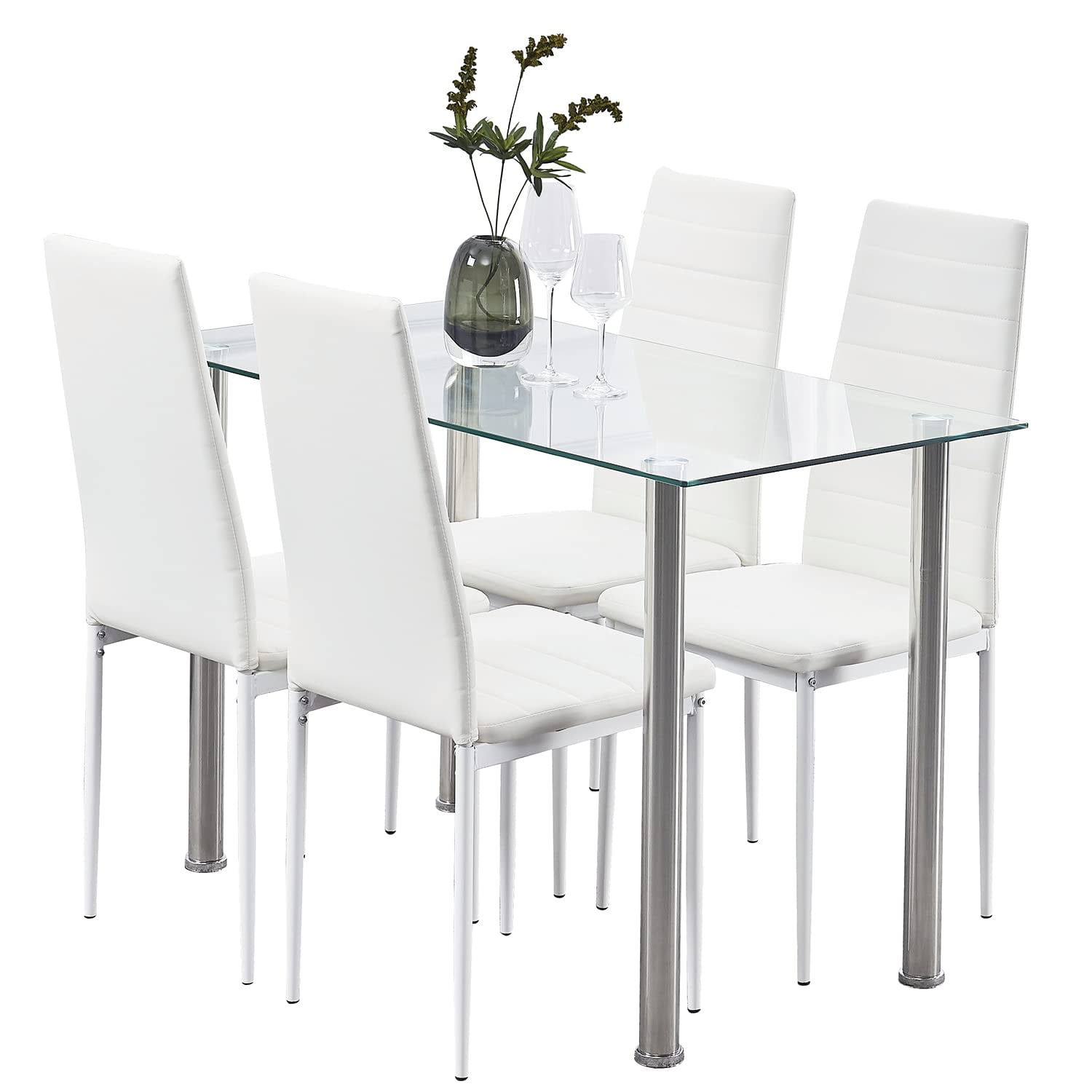 Dining Table Set for 4, ROZHOME 5 Piece Kitchen Table and Chairs with Clear Tempered Glass Table Top and 4 White PU Leather Metal Frame Chairs