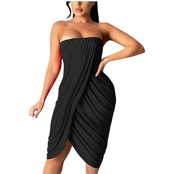Womens Summer Solid Wrapped Chest One Shoulder Wave Pleated Hip Dress