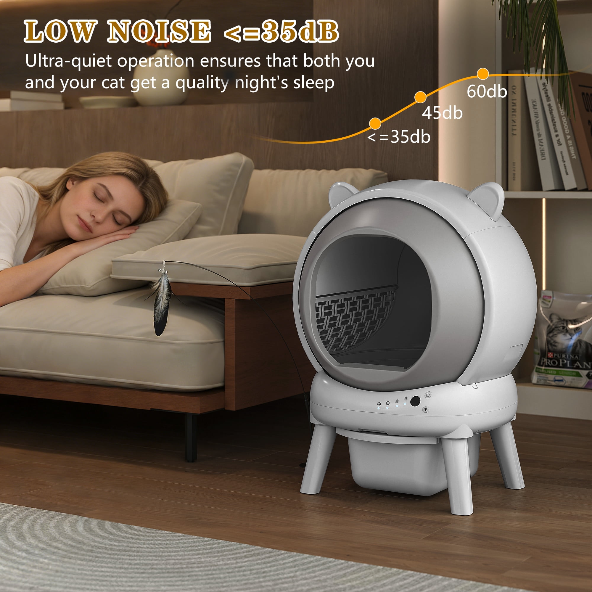 HLR 70L Smart Automatic Self-Cleaning Cat Litter Box, APP Control/Integrated Safety Protection, Cat Ears Design, White