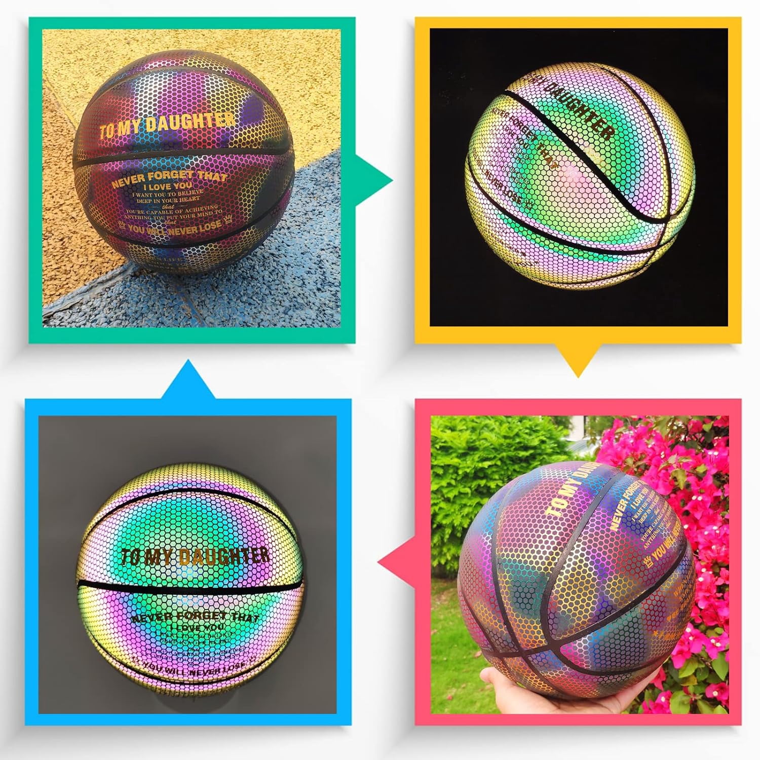 Basketball, Holographic Basketball Size 5 (27.5") & Size 6 (28.5") & Size 7 (29.5") for Kids & Adults, Reflective Glowing Leather Basketball, Indoor Outdoor Basketball Gifts for Boys Girls